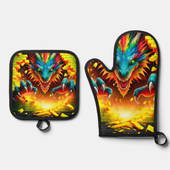 Dragon Oven Mitt and Pot Holders Oven Mitt & Pot Holder Set (Front)