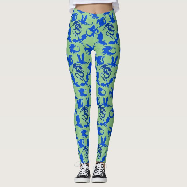 Dragon pattern 02 blue.bwx4 Lgreen BG Leggings (Front)