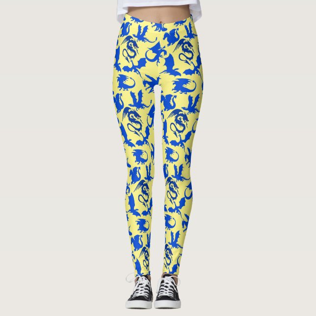 Dragon pattern 02 blue.bwx4 LYellow BG Leggings (Front)