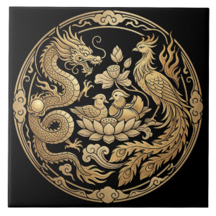 Dragon, Phoenix & Ducks In Gold On Black Tile