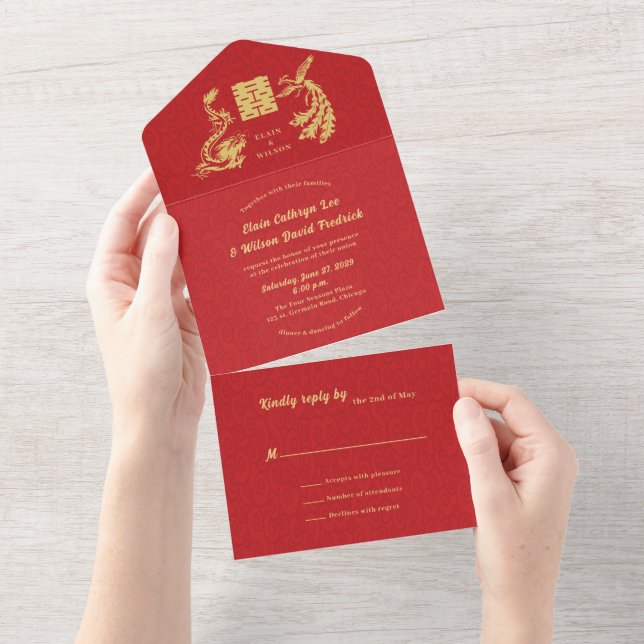 ©Dragon-Phoenix Red Gold Chinese Wedding All In One Invitation (Tearaway)