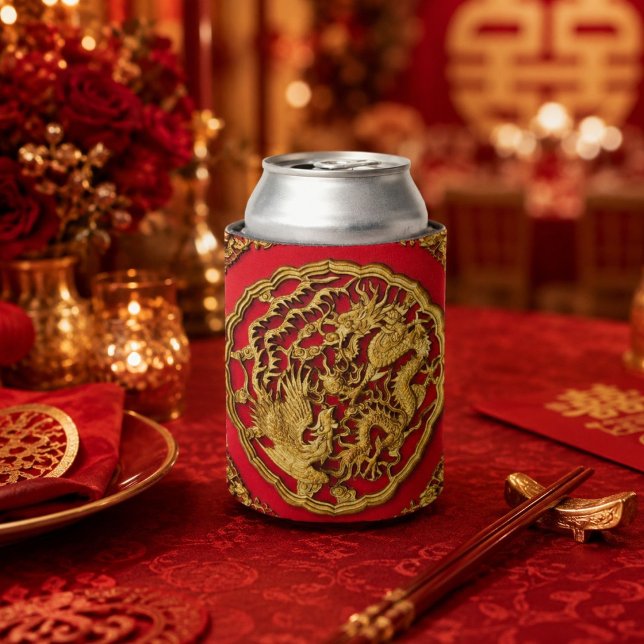 Dragon Phoenix Red Gold Chinese Wedding Favour Can Cooler (Dragon Phoenix Red Gold Chinese Wedding Favor Can Cooler)