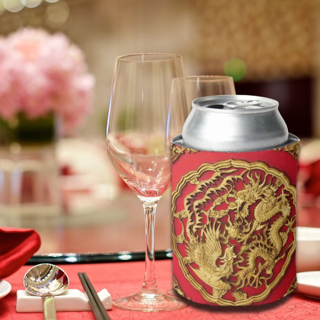 Dragon Phoenix Red Gold Chinese Wedding Favour Can Cooler (Dragon Phoenix Red Gold Chinese Wedding Favor Can Cooler)