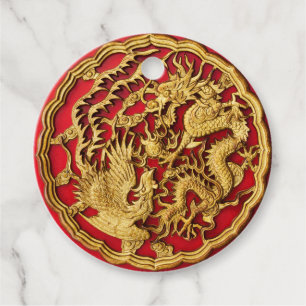 Dragon Phoenix Red Gold Chinese Wedding  Favour Tags