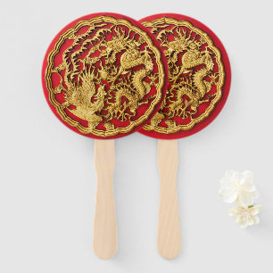 Dragon Phoenix Red Gold Chinese Wedding Hand Fan