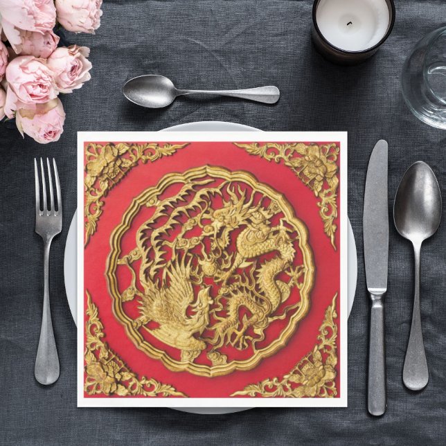 Dragon Phoenix Red Gold Chinese Wedding  Napkin (Dragon Phoenix Red Gold Chinese Wedding Napkins)