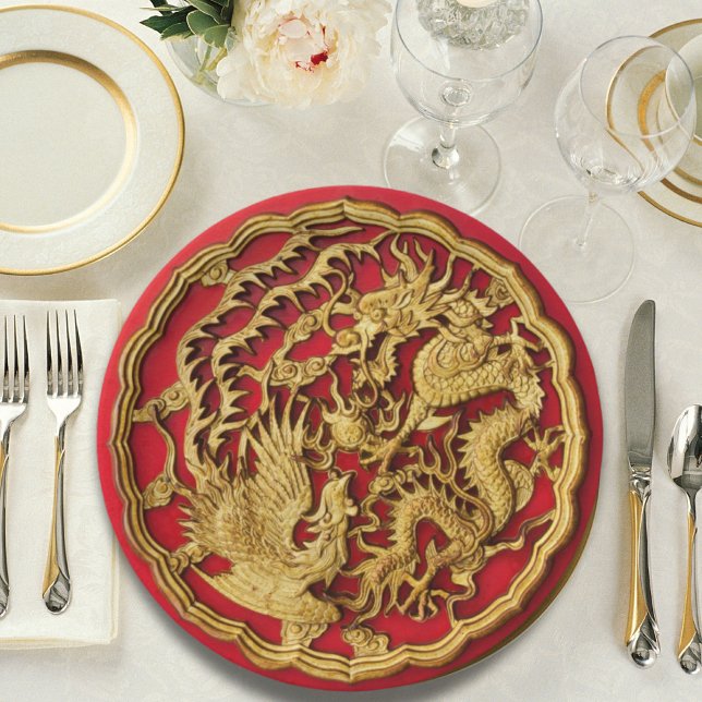 Dragon Phoenix Red Gold Chinese Wedding  Paper Plate (Dragon Phoenix Red Gold Chinese Wedding Paper Plates)