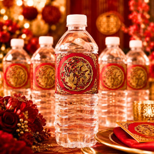 Dragon Phoenix Red Gold Chinese Wedding  Water Bottle Label