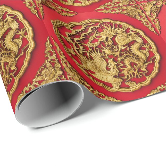 Dragon Phoenix Red Gold Chinese Wedding  Wrapping Paper (Roll Corner)