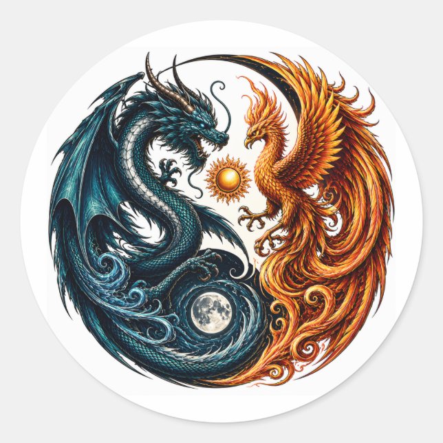 Dragon & Phoenix Yin Yang Classic Round Sticker (Front)