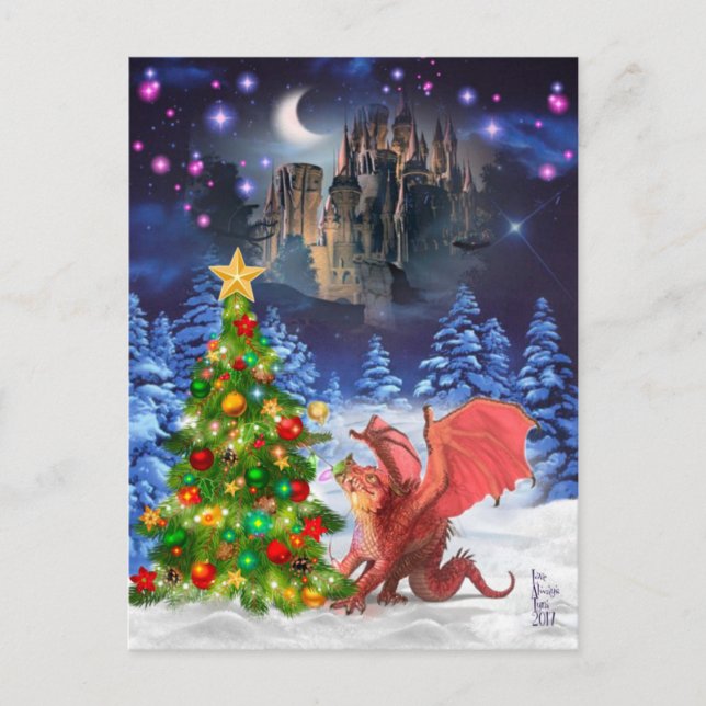 Dragon Pulling on Christmas Tree Holiday Postcard (Front)