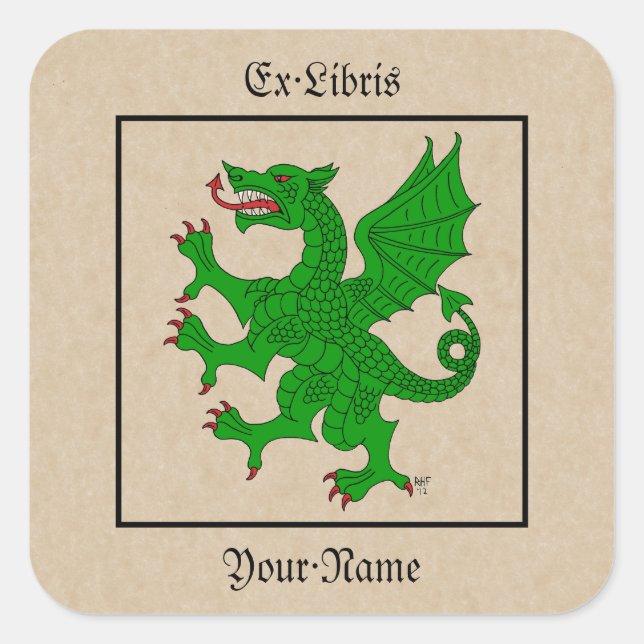 Dragon Rampant Vert Bookplate Square Sticker (Front)