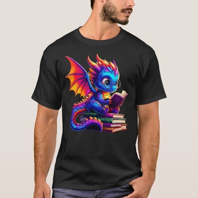 Dragon Reading a Book Bookworm Book Lover T-Shirt (Front)