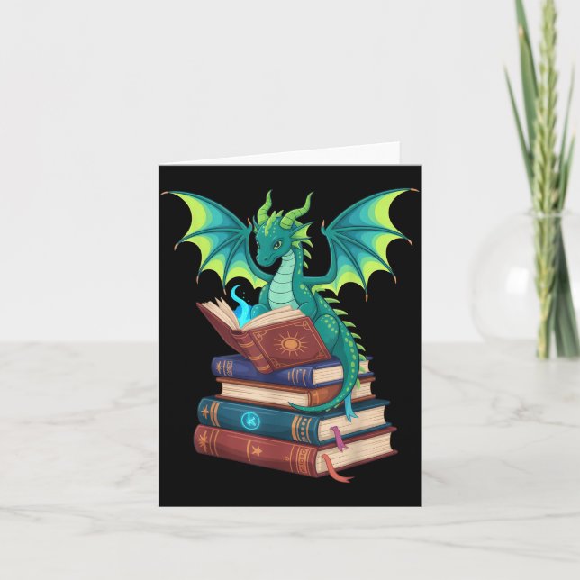 Dragon Reading Books Fantasy Lovers Mythical Creat Card (Front)