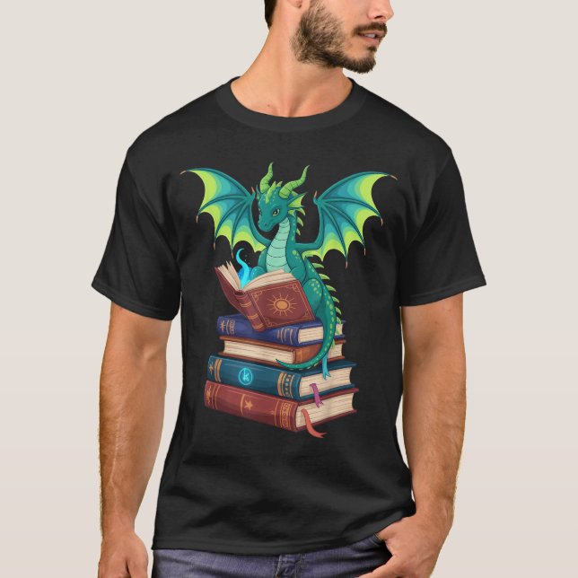 Dragon Reading Books Fantasy Lovers Mythical Creat T-Shirt (Front)