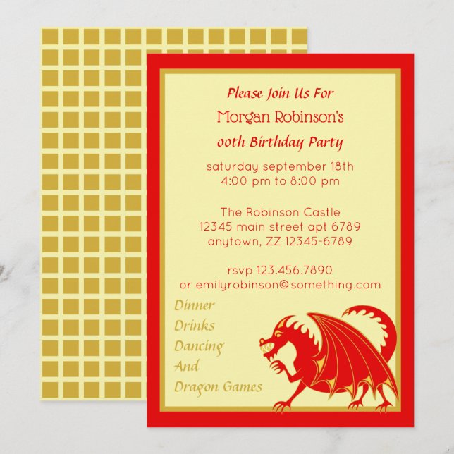 Dragon Red Gold Child Or Adult Birthday Party Invitation (Front/Back)