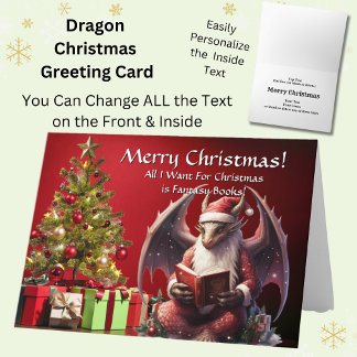 Dragon Santa Reading Book Merry Christmas Card