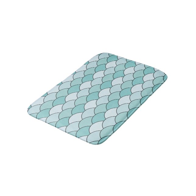 Dragon Scales, Fans, Waves, Seigaiha, Blue Bath Mat (Angled)