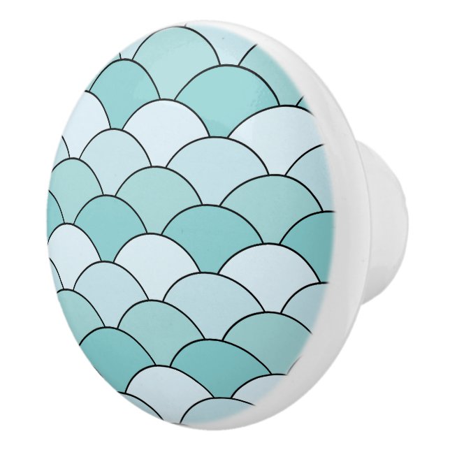 Dragon Scales, Fans, Waves, Seigaiha, Blue Ceramic Knob (Right)
