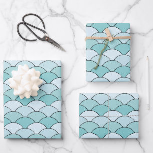 Dragon Scales, Fans, Waves, Seigaiha, Blue Wrapping Paper Sheet