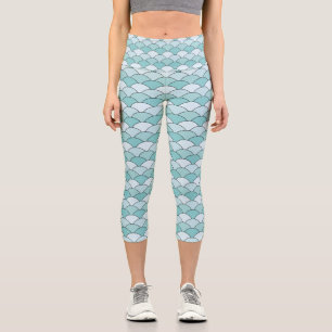 Dragon Scales, Fans, Waves, Seigaiha, Orange Capri Leggings