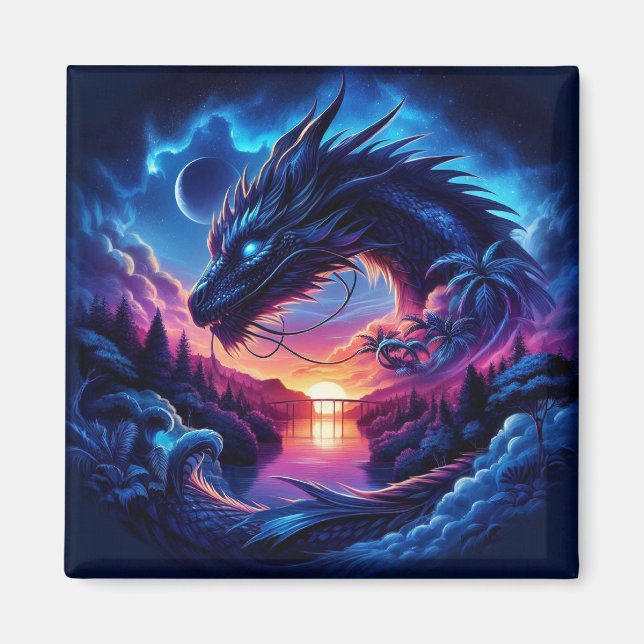 Dragon Silhouetted Against a Vibrant Sunset   Magnet (Front)