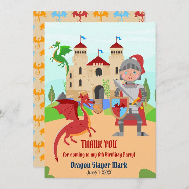 Dragon Slayer Knight Boy Birthday Party Thank You Card (Front/Back)