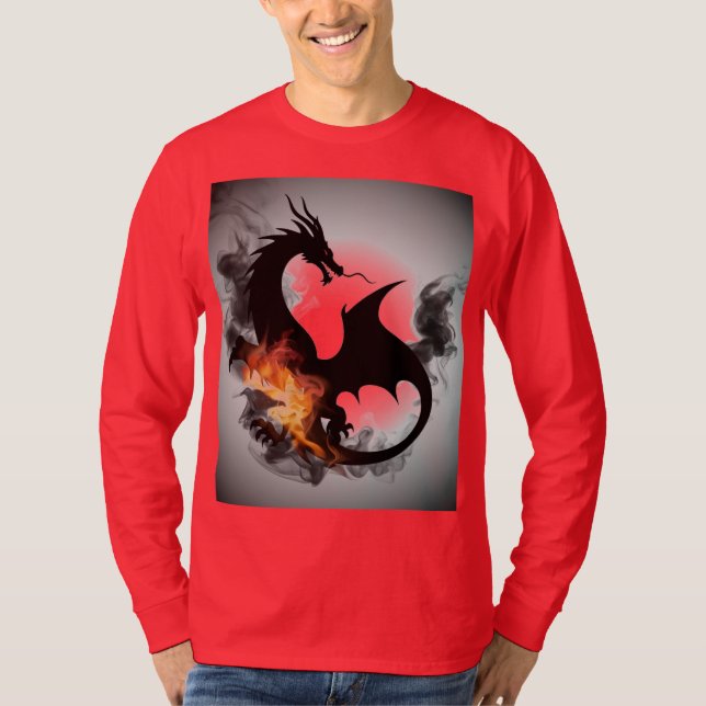 Dragon Smoke Silhouette Red Long-sleeved T-Shirt (Front)
