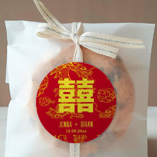 Dragon Style Double Happiness Symbol Red+Gold Classic Round Sticker