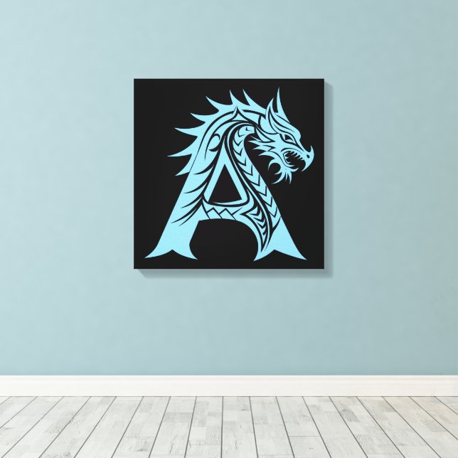 Dragon Styled Letter A, Dragon Alphabet, Monogram Canvas Print (Insitu(Wood Floor))
