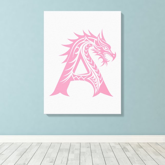 Dragon Styled Letter A, Dragon Alphabet, Monogram Canvas Print (Insitu(Wood Floor))