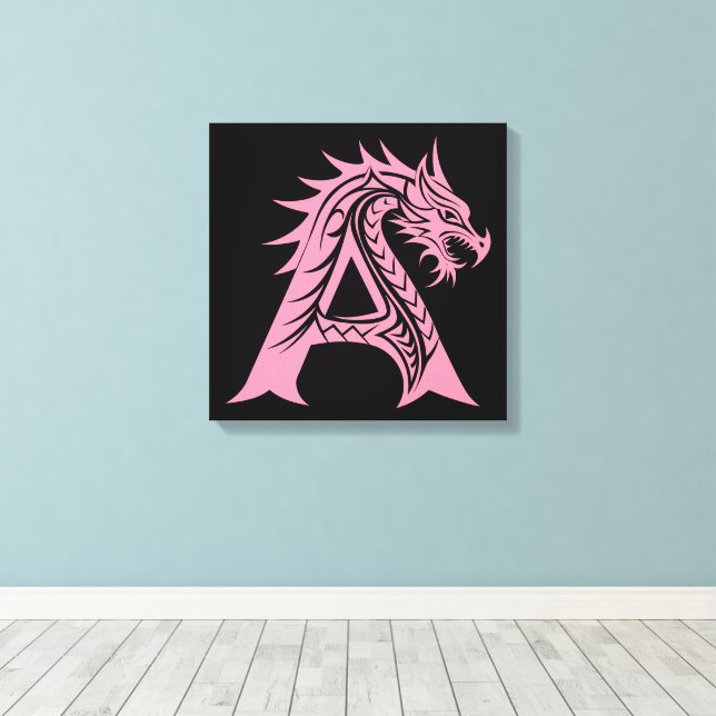 Dragon Styled Letter A, Dragon Alphabet, Monogram Canvas Print (Insitu(Wood Floor))