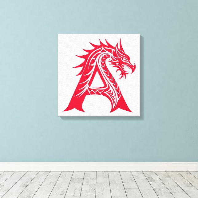 Dragon Styled Letter A, Dragon Alphabet, Monogram Canvas Print (Insitu(Wood Floor))