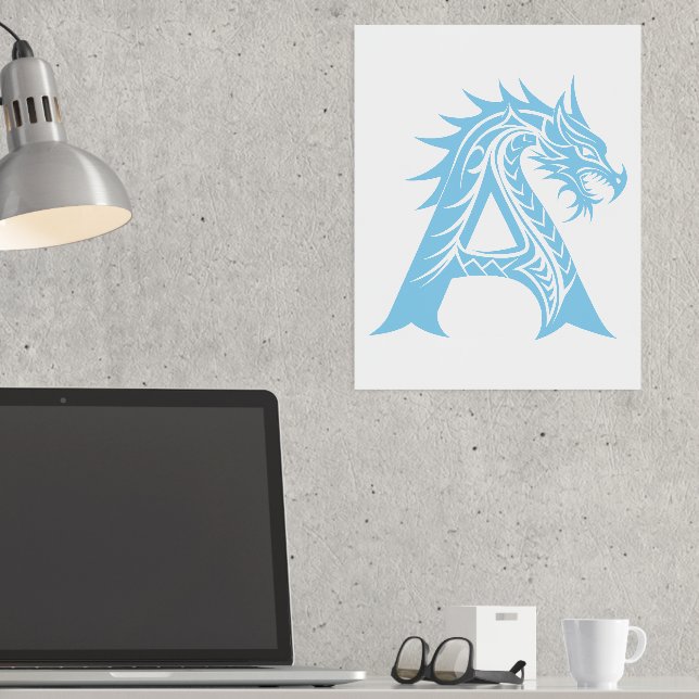 Dragon Styled Letter A, Dragon Alphabet, Monogram Foil Prints (In Situ (Desk))