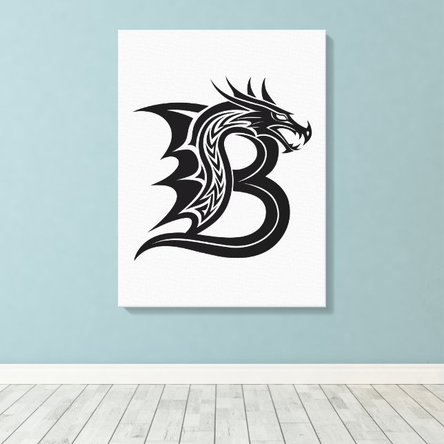 Dragon Styled Letter B, Dragon Alphabet, Monogram Canvas Print (Insitu(Wood Floor))