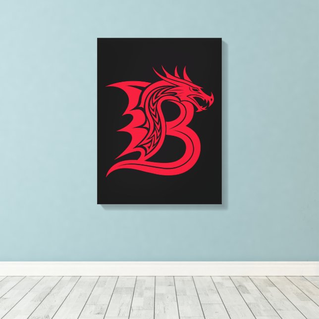 Dragon Styled Letter B, Dragon Alphabet, Monogram Canvas Print (Insitu(Wood Floor))
