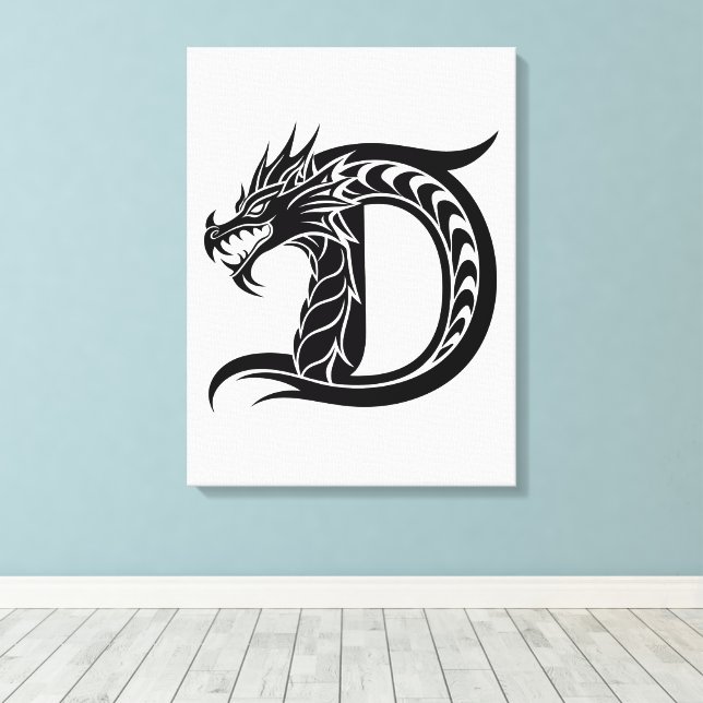 Dragon Styled Letter D, Dragon Alphabet, Monogram Canvas Print (Insitu(Wood Floor))