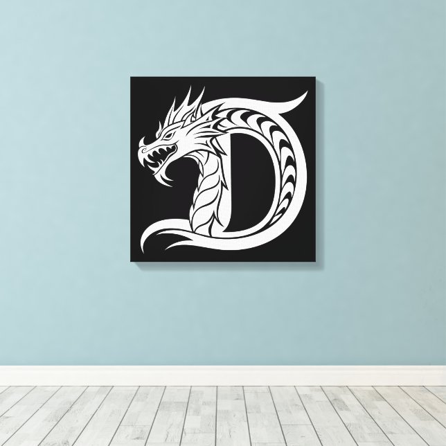 Dragon Styled Letter D, Dragon Alphabet, Monogram Canvas Print (Insitu(Wood Floor))