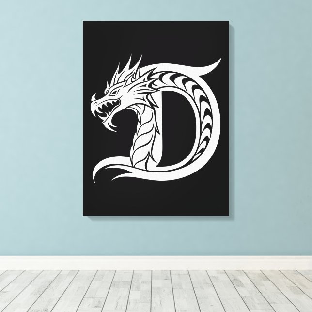 Dragon Styled Letter D, Dragon Alphabet, Monogram Canvas Print (Insitu(Wood Floor))