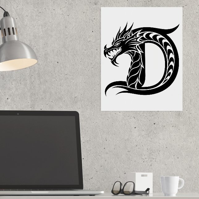 Dragon Styled Letter D, Dragon Alphabet, Monogram Foil Prints (In Situ (Desk))