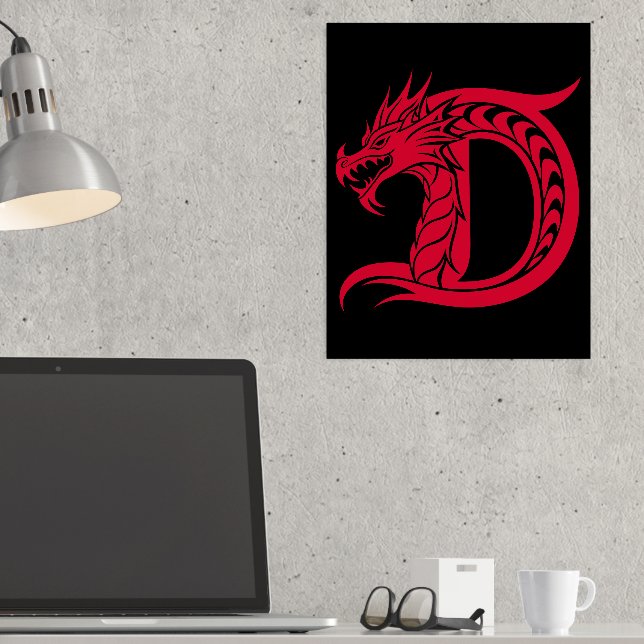 Dragon Styled Letter D, Dragon Alphabet, Monogram Foil Prints (In Situ (Desk))