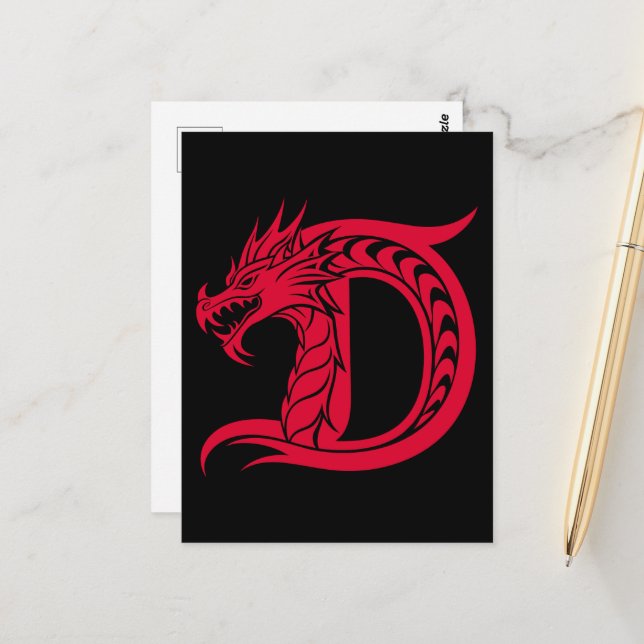 Dragon Styled Letter D, Dragon Alphabet, Monogram Postcard (Front/Back In Situ)