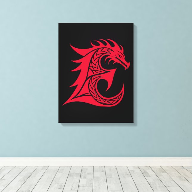 Dragon Styled Letter E, Dragon Alphabet, Monogram Canvas Print (Insitu(Wood Floor))