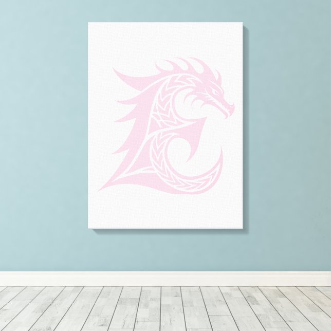 Dragon Styled Letter E, Dragon Alphabet, Monogram Canvas Print (Insitu(Wood Floor))