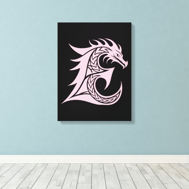 Dragon Styled Letter E, Dragon Alphabet, Monogram Canvas Print (Insitu(Wood Floor))