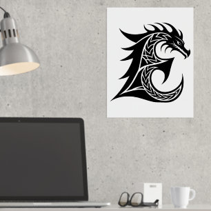 Dragon Styled Letter E, Dragon Alphabet, Monogram Foil Prints