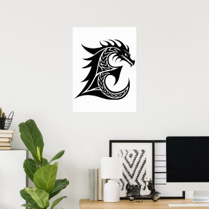Dragon Styled Letter E, Dragon Alphabet, Monogram Poster