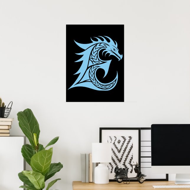 Dragon Styled Letter E, Dragon Alphabet, Monogram Poster (Home Office)
