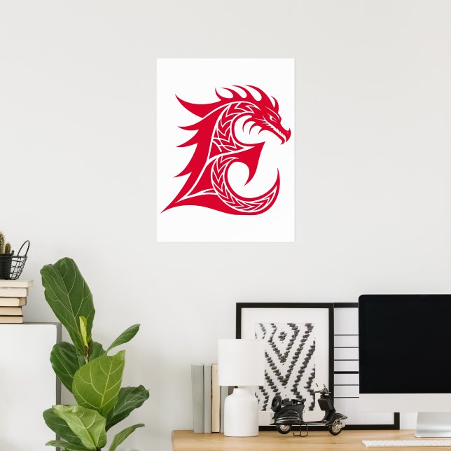 Dragon Styled Letter E, Dragon Alphabet, Monogram Poster (Home Office)