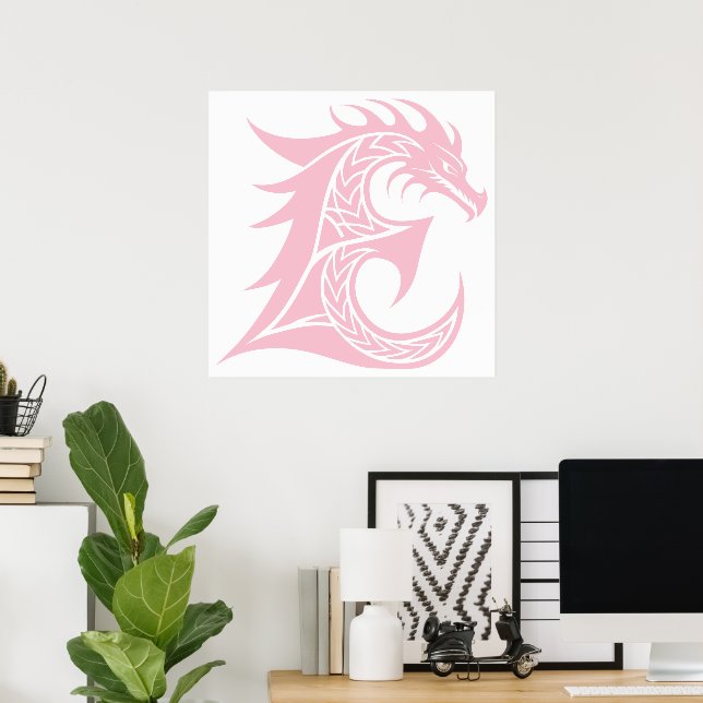 Dragon Styled Letter E, Dragon Alphabet, Monogram Poster (Home Office)
